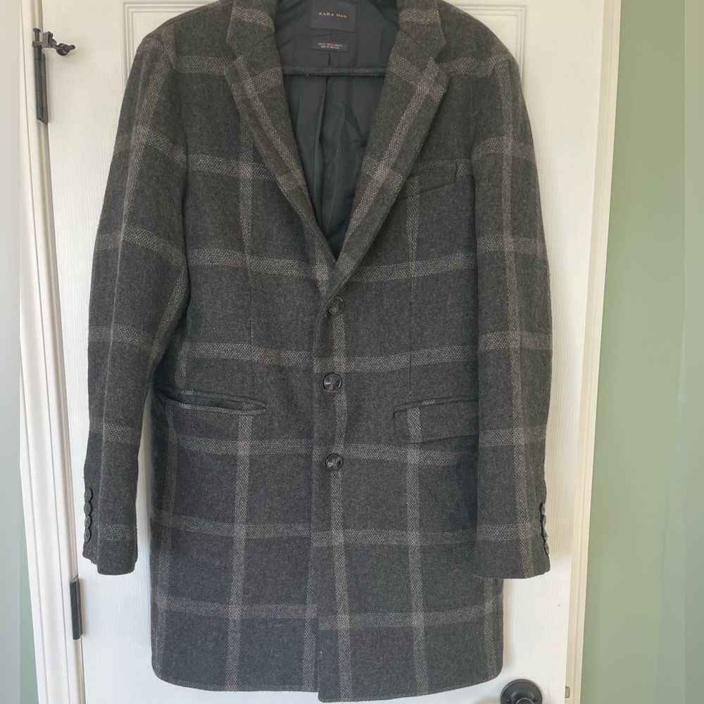 Zara Man Gray Plaid Wool Coat